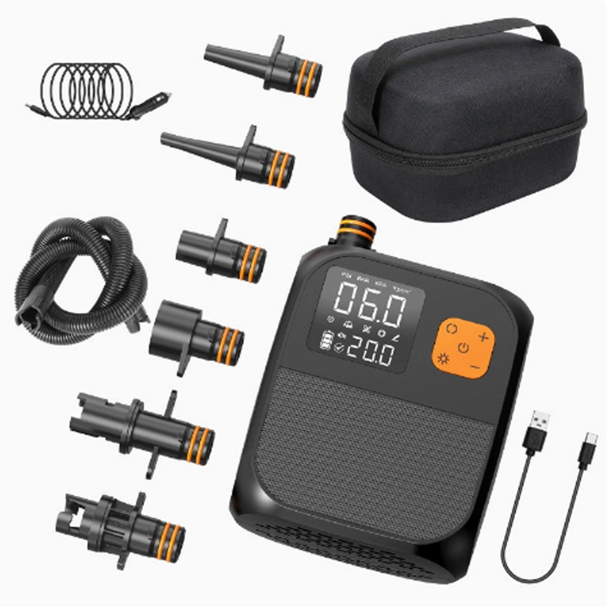 Draadloze elektrische luchtpomp (8000 mAh) met LED-verlichting en compressor – voor auto, surfplank, SUP-board en boot