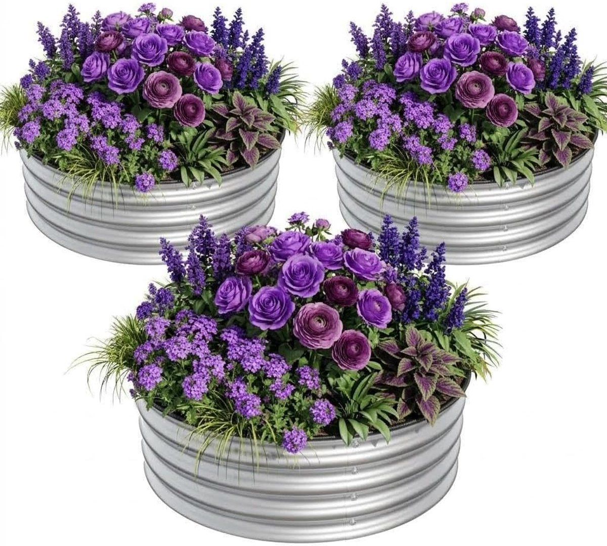 Danky Set van 3 ronde, verhoogde plantenbakken van gegalvaniseerd staal, open ontwerp zonder bodem en beschermrand, 60x60x28 cm, moestuin voor balkons en bloemen