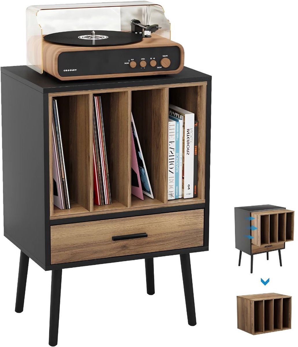 NIVA® Platenspeler Meubel - Platenspelerkast - LP Opbergsysteem - 4 Opbergruimte Scheidingswanden - Zwart/Bruin - 51cm x 37cm x 74cm