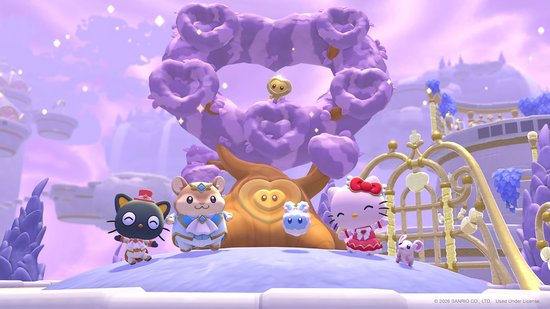 Zes Sanrio-personages, waaronder Hello Kitty en Kuromi, staan voor een grote paarse boom met hartvormige takken in een sprookjesachtige omgeving.