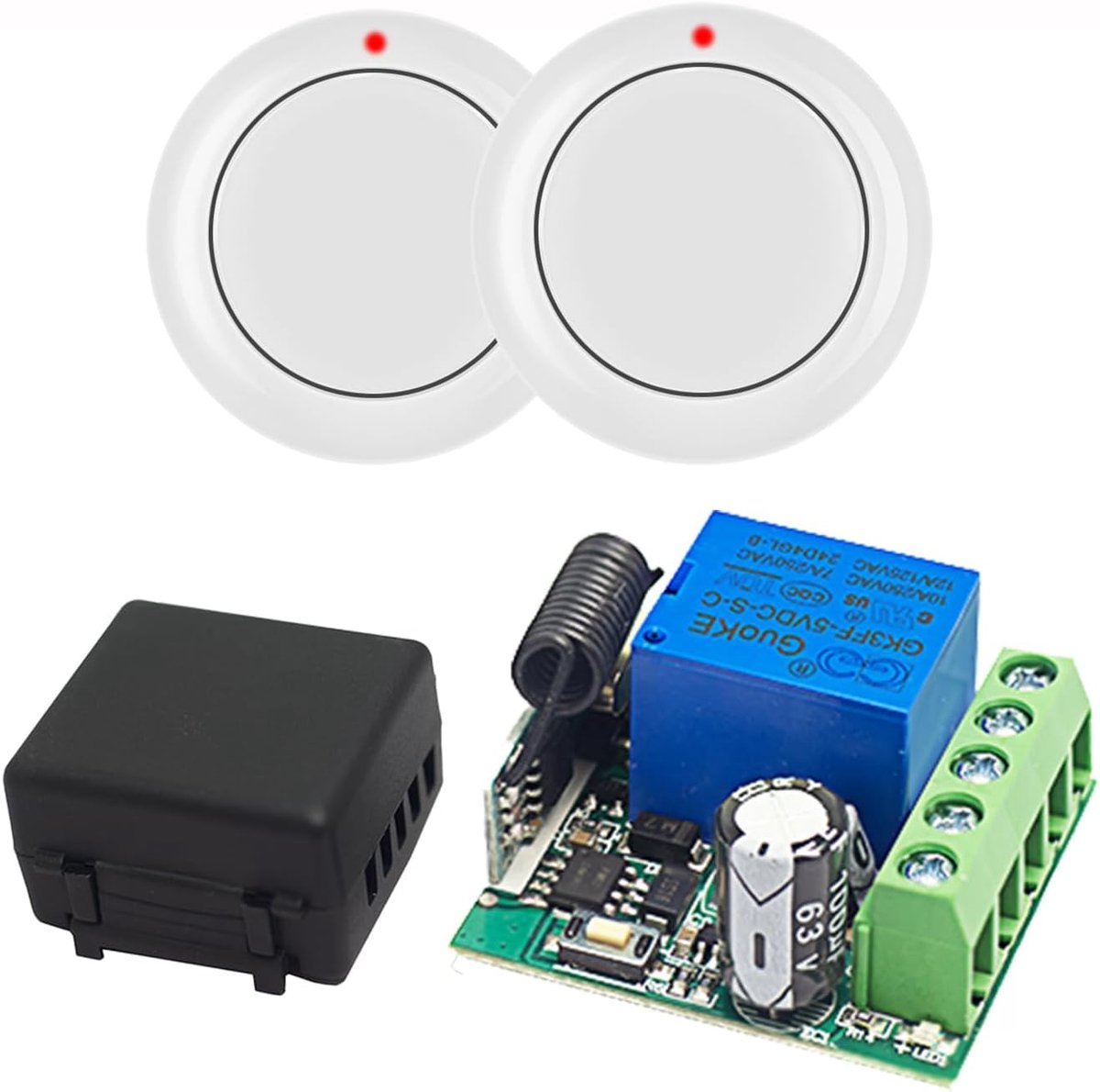 Draadloze afstandsbediening garagedeur schakelaar achteraf 433MHz DC 12V 24V 1 kanaals momentary, potentieel vrije relais ontvanger met 2 zenders