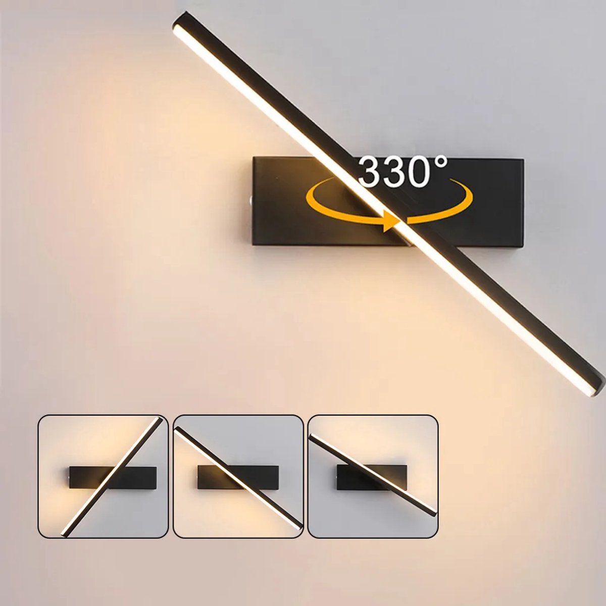 Deze moderne zwarte LED-wandlamp van 30 cm heeft drie kleuropties en is 330° draaibaar, waardoor hij geschikt is Geschikt voor slaapkamers en andere vergelijkbare ruimtes.
