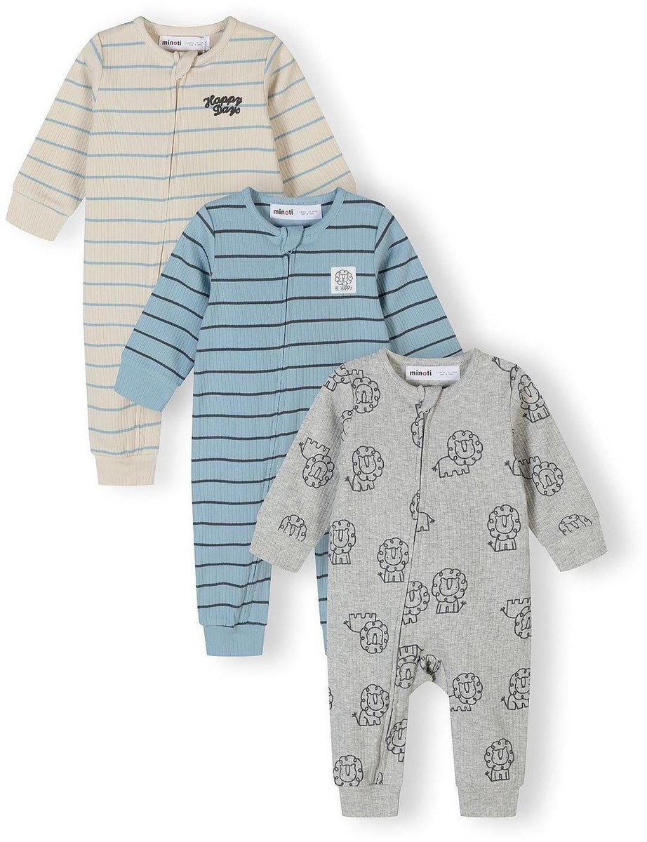 Minoti baby pyjama jongens 3-pack geribbeld - leeuw en strepen