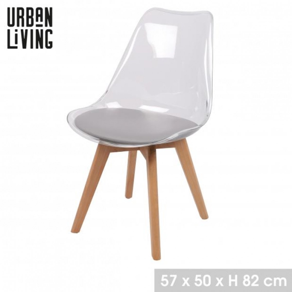 Urban Living Set van 4 "JOY" transparante stoelen met grijs kussen en houten poten 57x50xH82 cm transparent