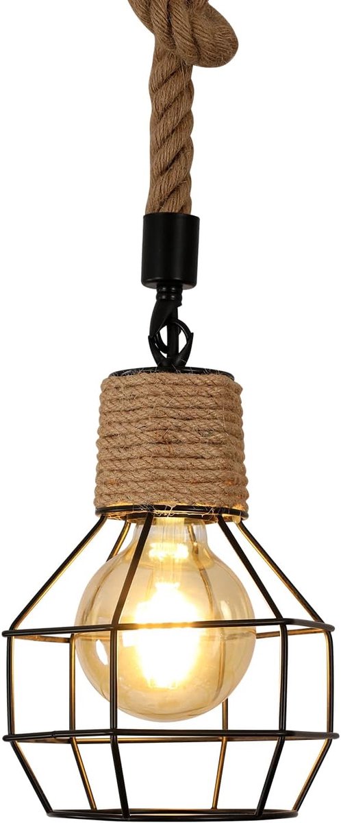 Riserva Hanglamp retro industrieel rond zwart ijzer‑touw, E27 fitting max 60W zonder lamp, 1m touwkabel, voor woonkamer slaapkamer eetkamer studeerkamer
