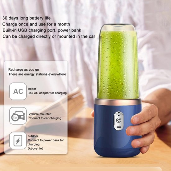 Draagbare blender, 380 ml (13,5 oz) persoonlijke blender Geschikt voor smoothies en milkshakes, 40 watt reisblender, USB-oplaadbare keukenblender, blender van persoonlijk formaat, Geschikt voor thuis, sporten, kantoor en kamperen. — afbeelding 2