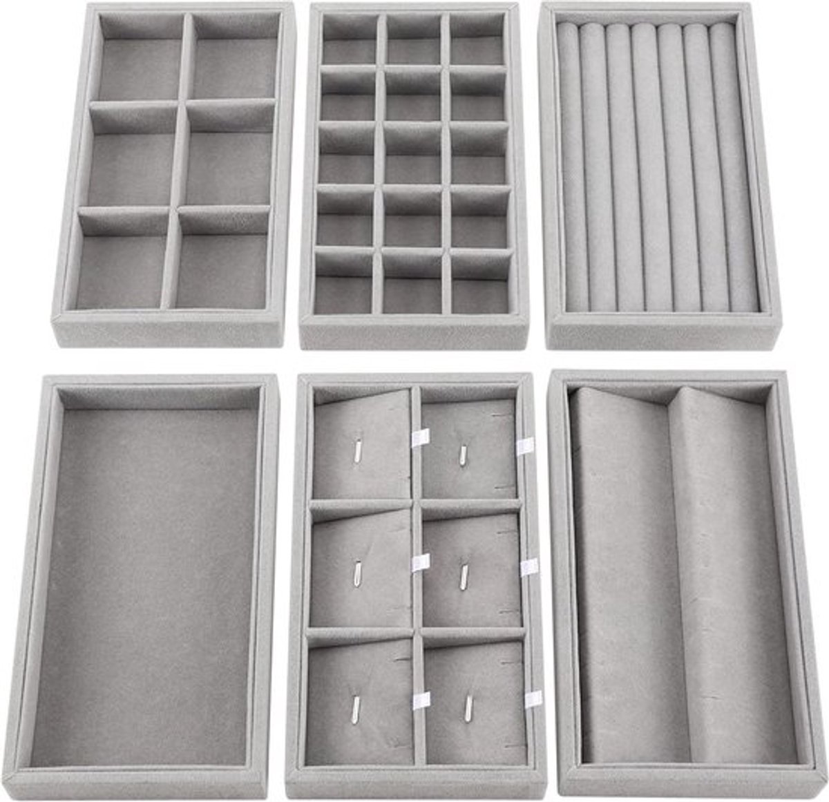 Opslagbakken - Opberger - Fluweel - Display Dozen - Sieraden - Geschikt voor Kettingen - Grijs - Stapelbaar - 6-Pack - 36 Compartimenten - Ringen - Armbanden - Oorbellen