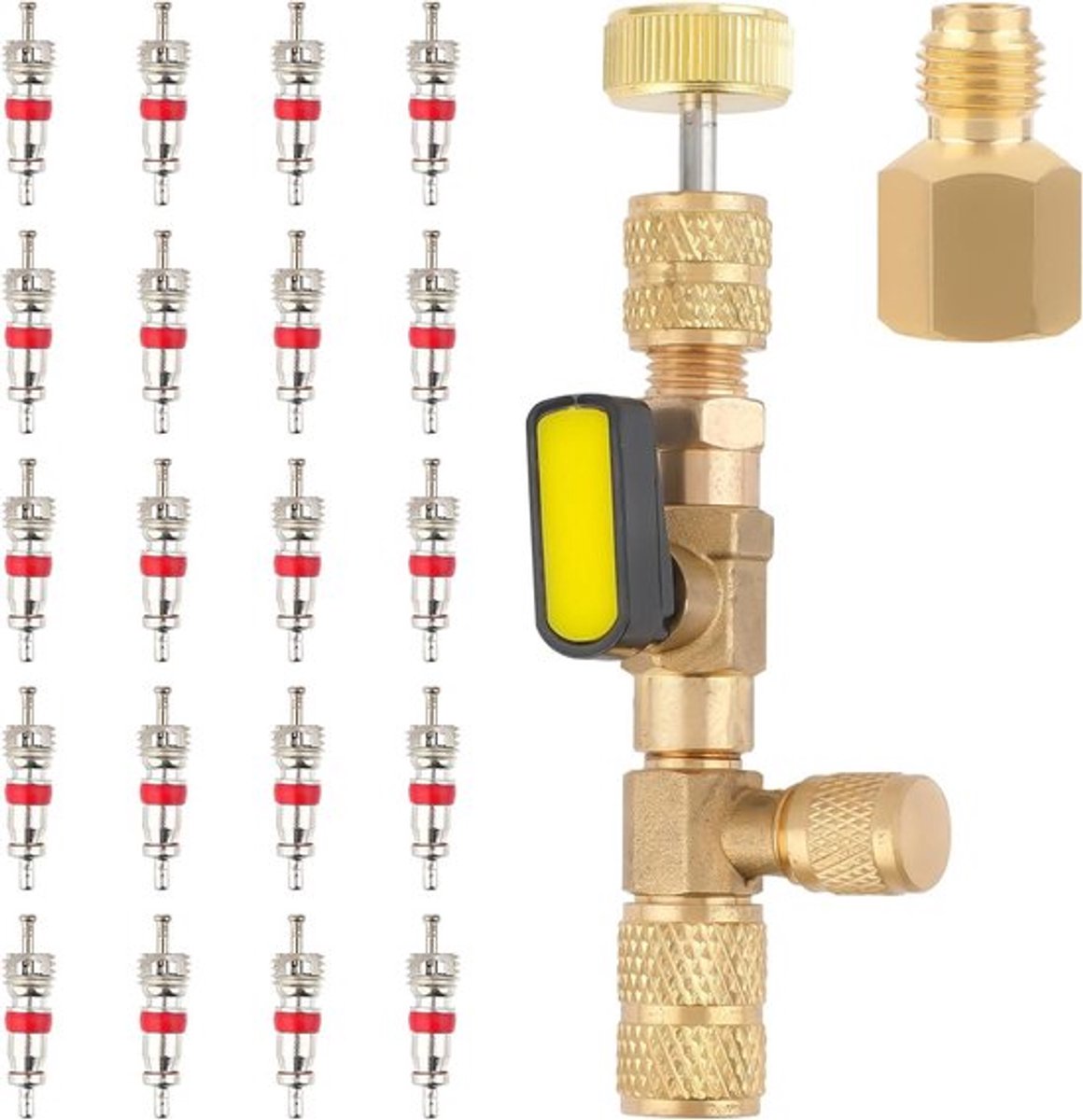 Klepkern-verwijderaar gereedschap voor koelmiddelsystemen met messing adapter en 20 klepkernen - Dubbele Maat SAE 1/4 en 5/16, R22 R410A.