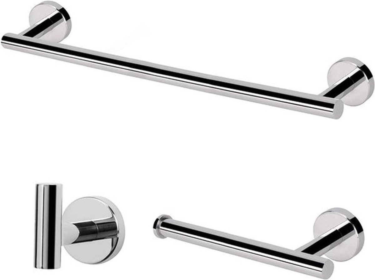 Set van 3 Stijlvolle Handdoekrekken voor Badkamer - RVS Handdoekrails, Toiletpapierhouder en Haak - Wandmontage Badkameraccessoires in Chroom