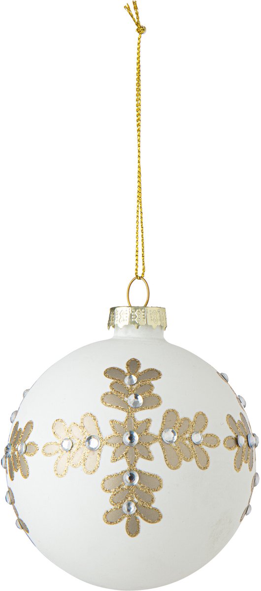 J-Line Kerstbal met bloemen - glas - wit/goud - set van 24