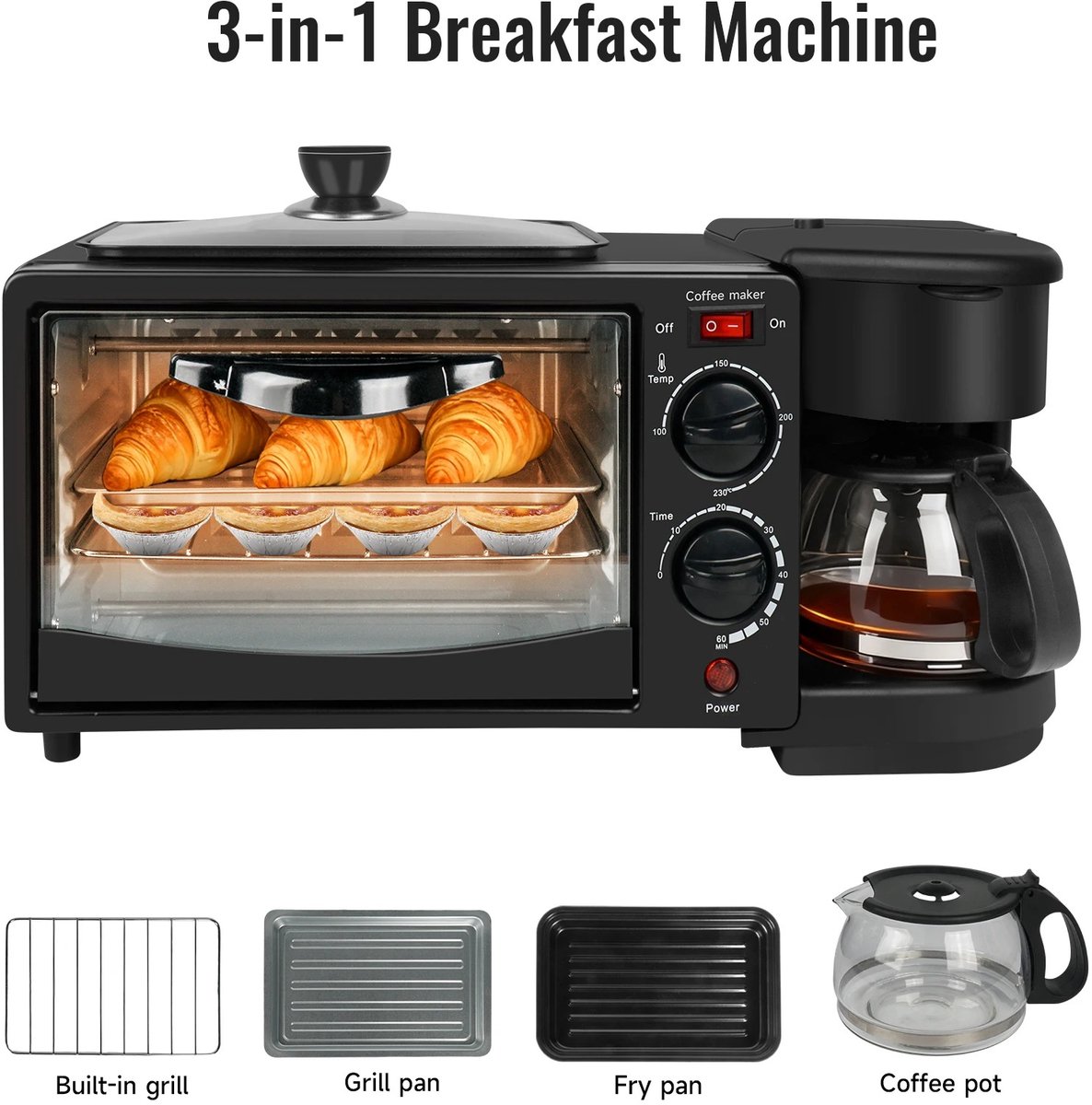 Joorly Magnetron - 3-in-1 Multifunctioneel - Mini Oven 9L - Koffiezetapparaat - 600 ml Koffiekan – Broodrooster – Compact Keukenapparaat – Zwart