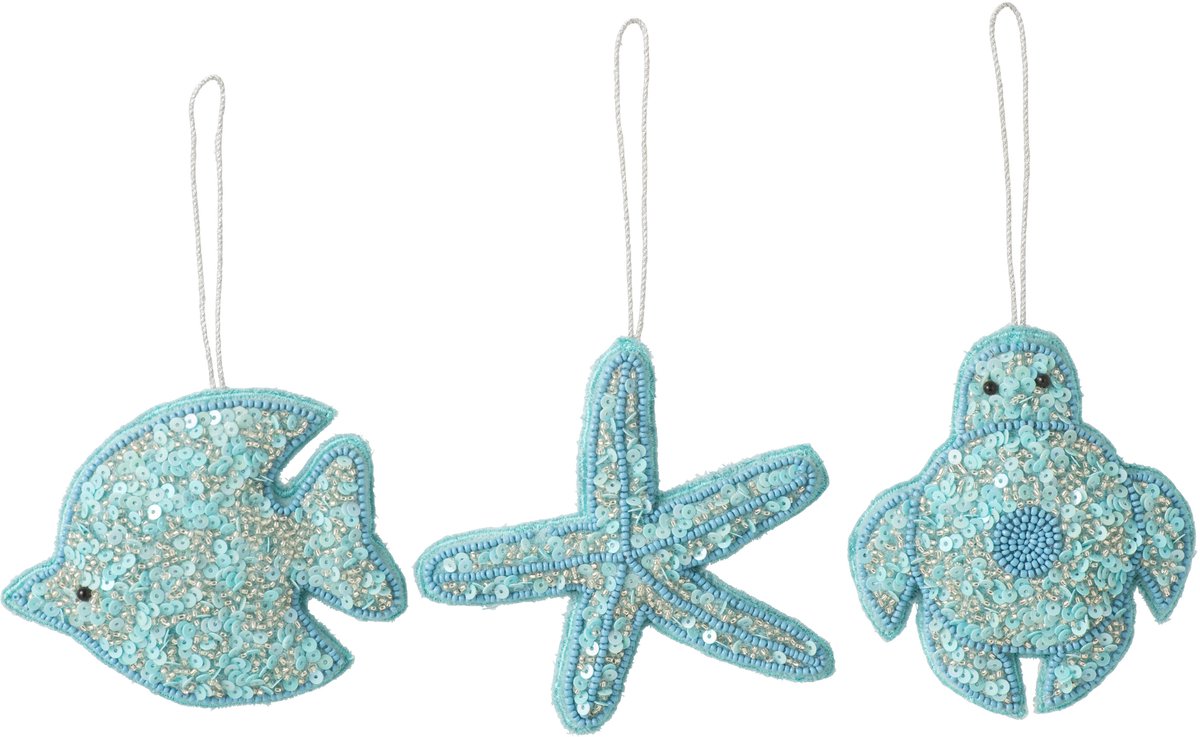 J-Line hanger Vis + Zeester + Schilpad - textiel - azuurblauw - 3 stuks