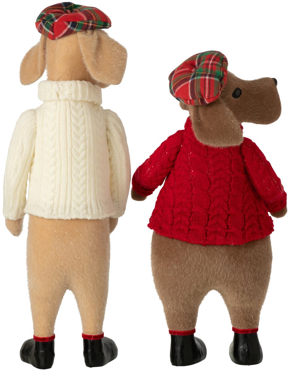 J-Line Hond met baret - stof - beige/kerstrood - assortiment van 2
