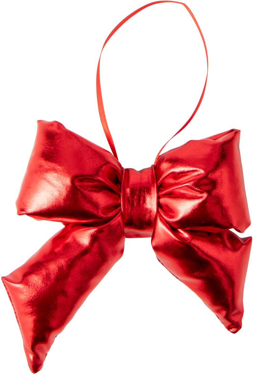 J-Line Hangende glanzende fluwelen strik - stof - kerstrood - extra small - set van 6