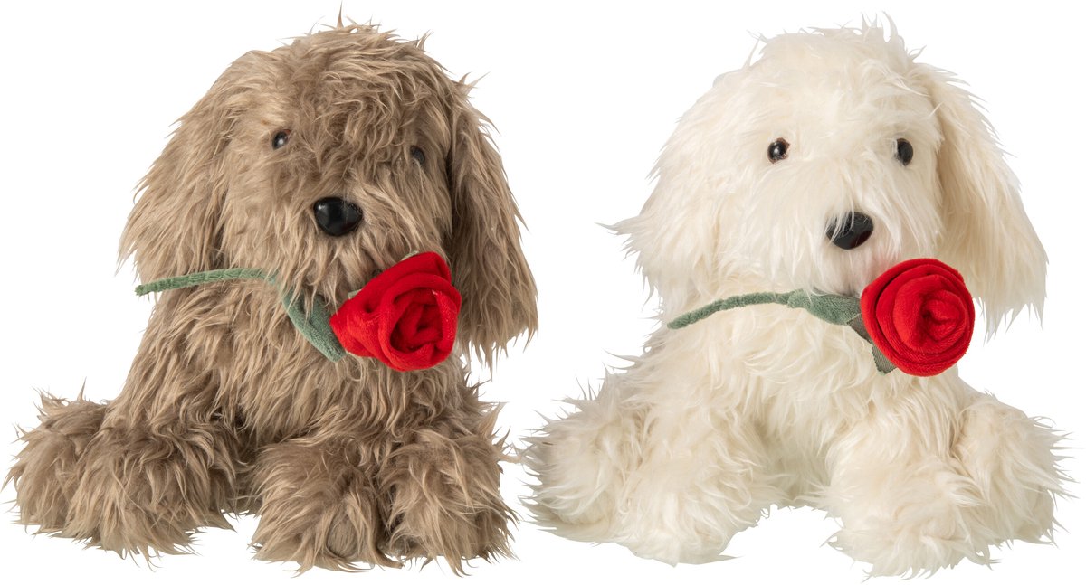 J-Line Hond met roos - polyester - bruin/wit - assortiment van 2