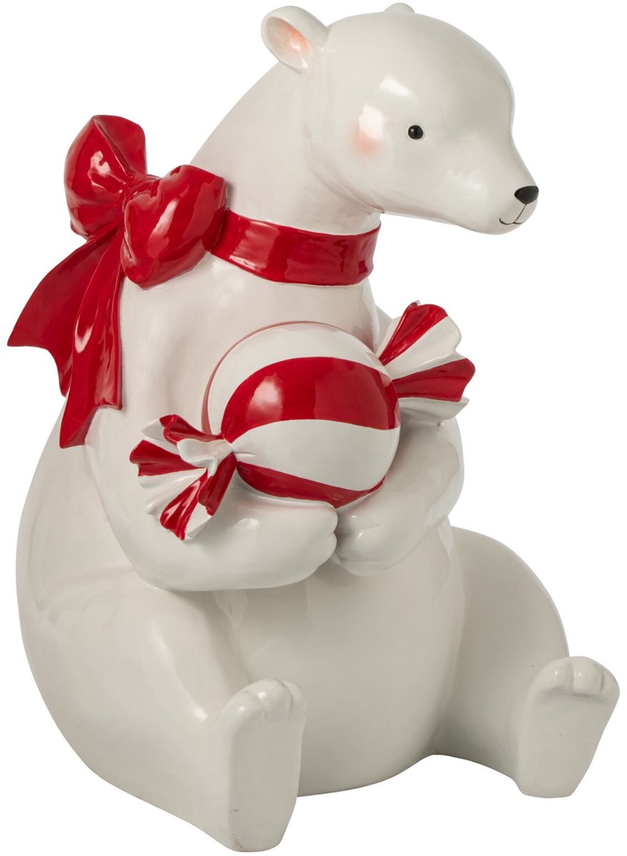 J-Line Zittende ijsbeer met snoep - hars - wit/kerstrood