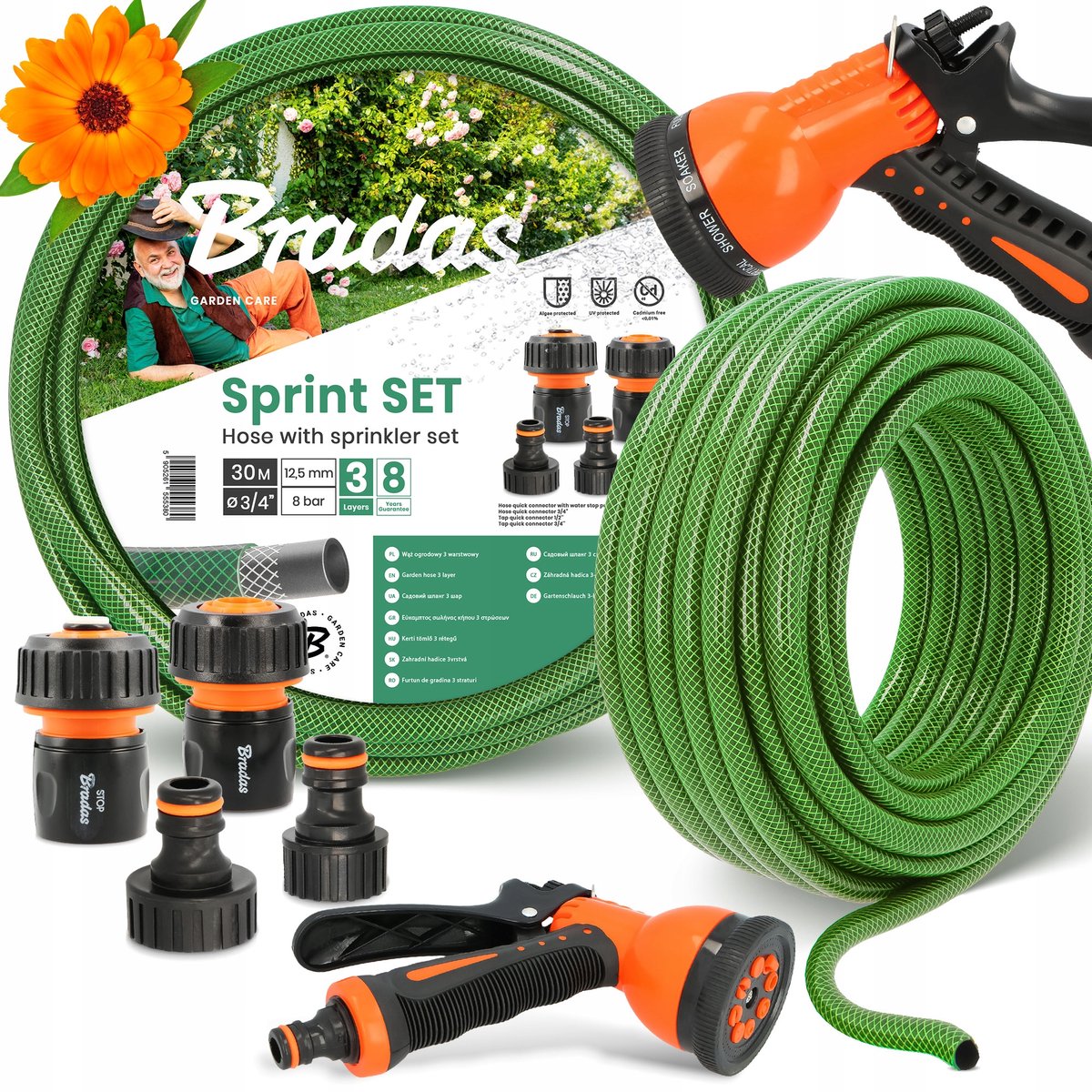 Tuinslang Economisch 3-laags Groen 3/4" 30m met 8-functie sproierer & koppelingen