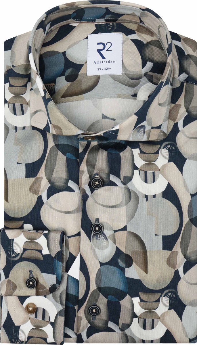 R2 Overhemd Lyocell Print Blauw - Maat 46 - Heren - Overhemden Formeel