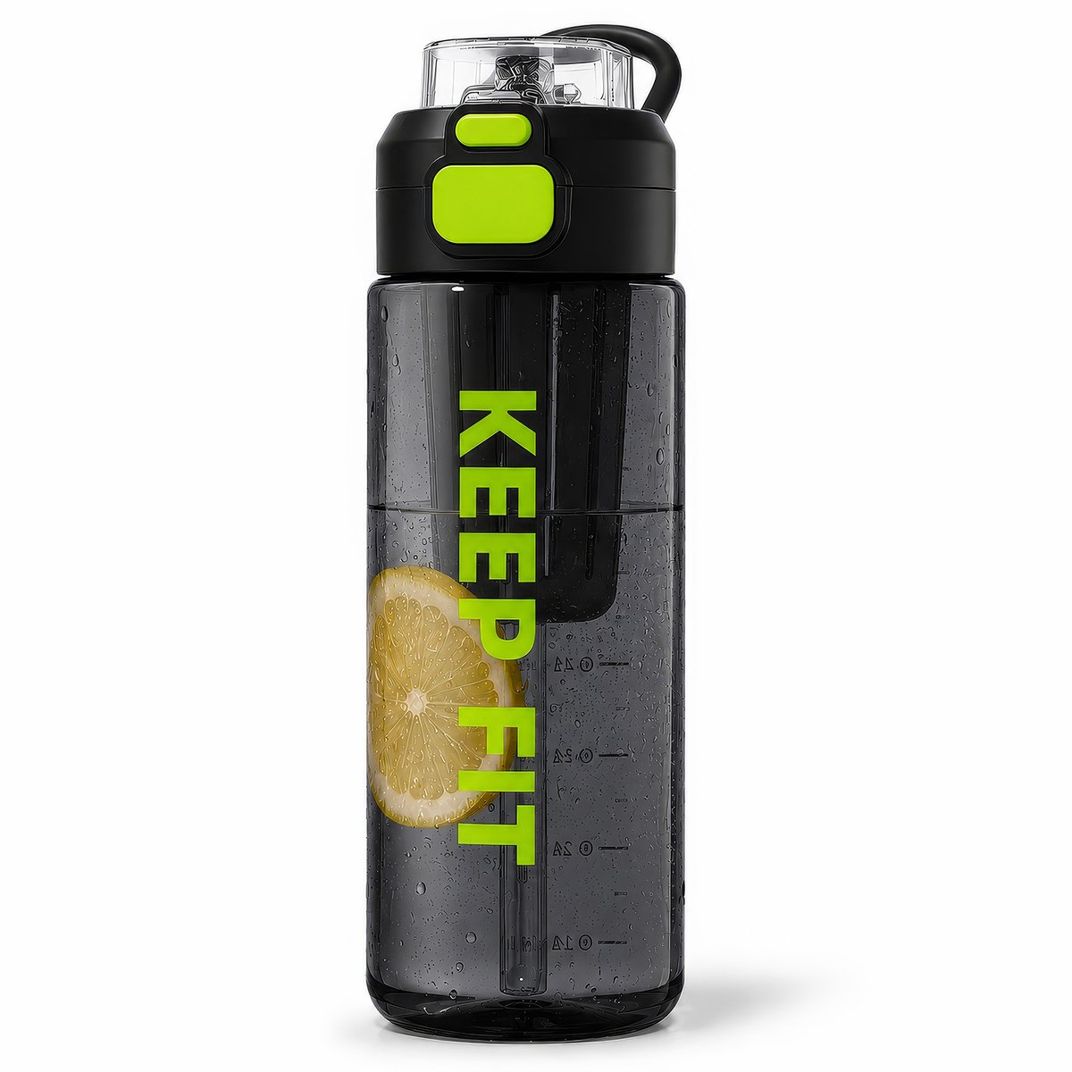 Tritan Drinkfles 750 ml - Sportfles, Waterfles en Fitnessfles BPA-vrij, Lekvrij met Rietje, Drinktuit, Motivatiemarkering en Handgreep - Zwart