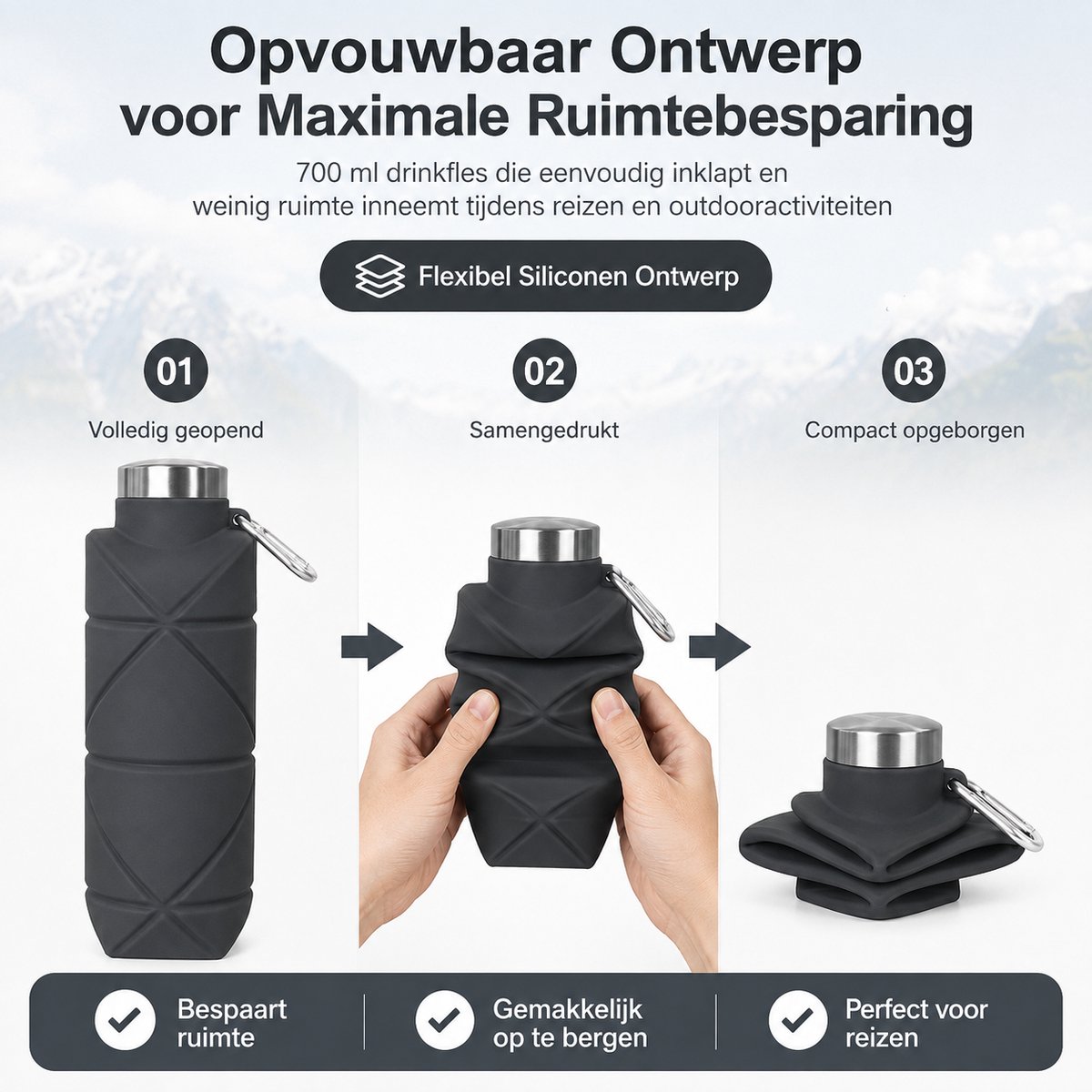 Opvouwbare Waterfles - 700 ml - Lekvrij - Siliconen - Met Karabijnhaak - Voor Fiets & Wandelen - Draagbare Vouwfles — cadeau in Sport & Outdoor - foto 5