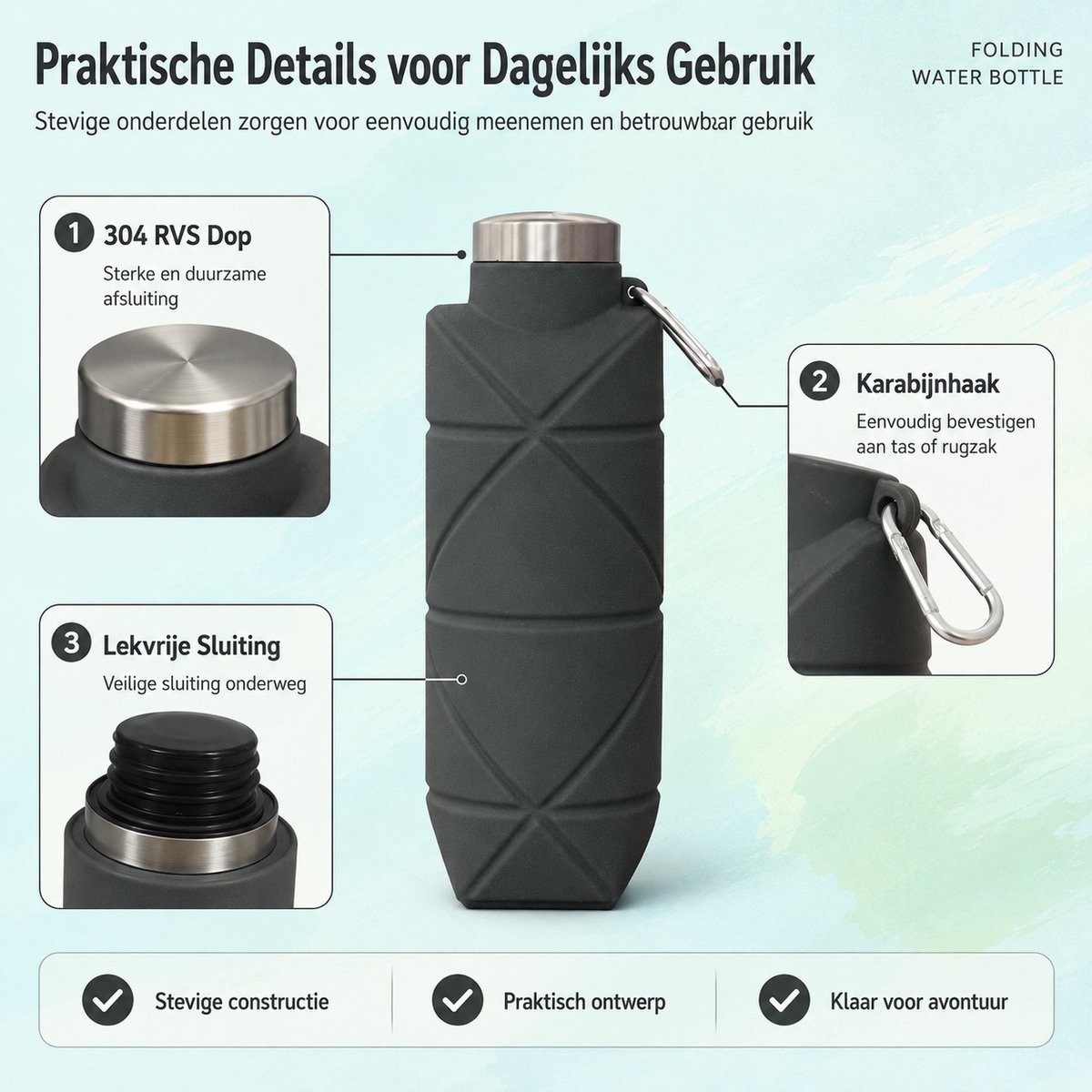 Opvouwbare Waterfles - 700 ml - Lekvrij - Siliconen - Met Karabijnhaak - Voor Fiets & Wandelen - Draagbare Vouwfles — cadeau in Sport & Outdoor - foto 2