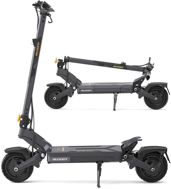 Trottinette électrique grise Ausom DT2 Pro, en position dépliée et pliée.