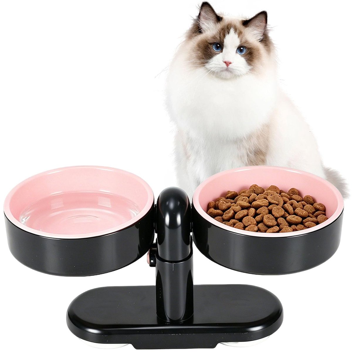 Kattenvoerbak - verhoogde voer en waterbakken set met dubbele verwijderbare schalen verstelbare standaard zuignapvoet roze voor katten kittens kleine honden