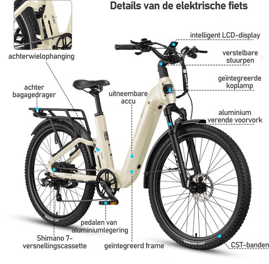 TTGO E-SUVO S6 - Full Suspension E-MTB 27,5 inch - 48V 15Ah Accu - Tot 120 km Actieradius - 70Nm Koppel - 250W Achterwielmotor - Hydraulische Schijfremmen - Shimano 7 Versnellingen - Beige van TTGO — afbeelding 3