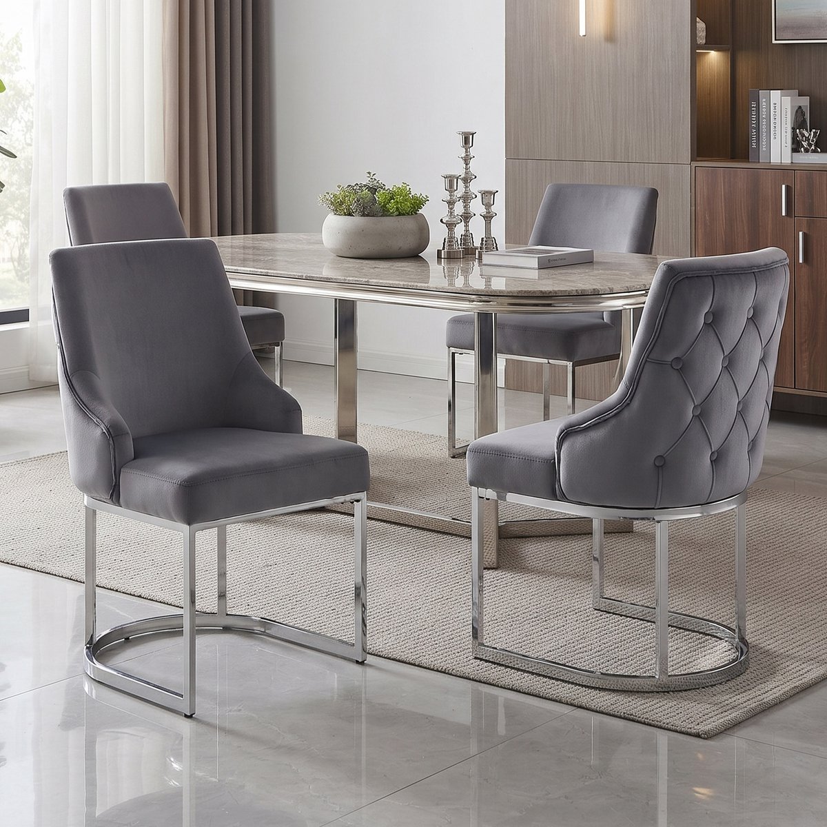 Clruro Eetkamerstoelen - 4 Stuks - 3D-Ruitstiksel met Zilverpoten - Fluweel en Metaal - Grijs/Zilver