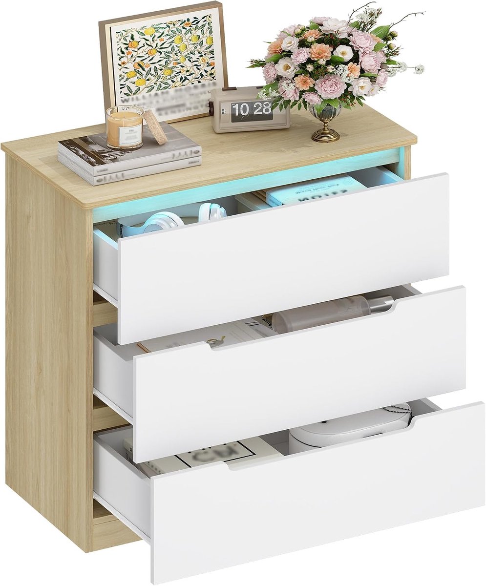 Hzuaneri Commode met LED-verlichting, 3 lades, 40x70x80cm, Eiken-Wit, Commode met 3 lades, Kledingkast met verlichting, Moderne stijl, Geschikt voor woonkamer en slaapkamer