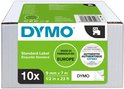 DYMO D1 etiketten, 10 stuks, 9 mm x 7 m, zwarte tekst op wit label, gemaakt in Europa.
