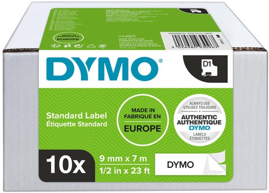 DYMO D1 etiketten, 10 stuks, 9 mm x 7 m, zwarte tekst op wit label, gemaakt in Europa.