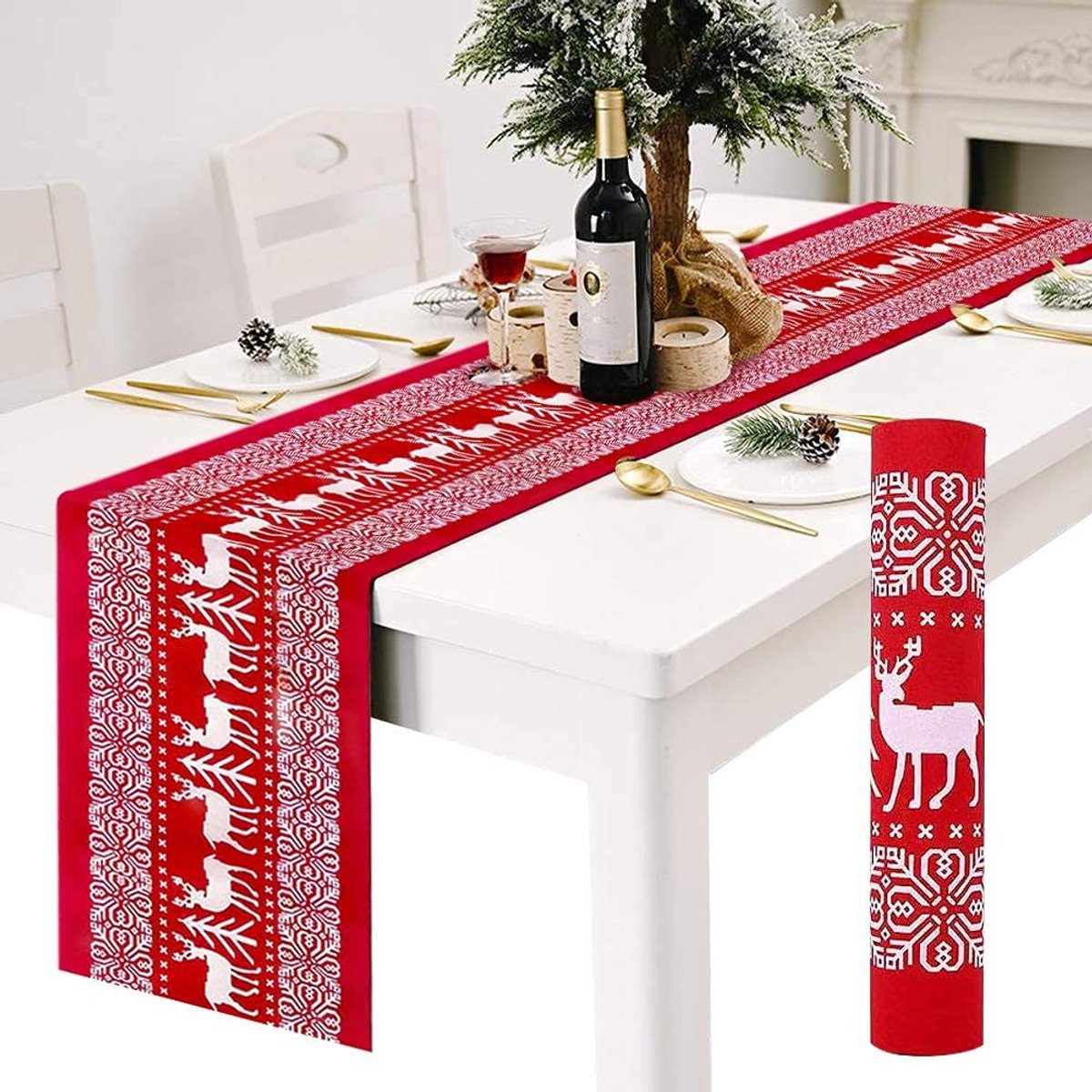 Kersttafellopers tafelkleed met wit rendierpatroon, antislip lange kersttafelloper voor kerst eettafels decoraties 12 x 108 inch