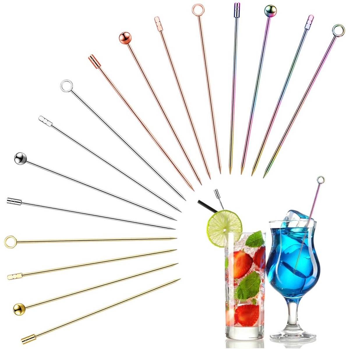 Cocktailspiesjes van roestvrij staal, 16 stuks, herbruikbare cocktailsticks, martini-spiesen, cocktailplekken, ideale spiesjes voor snacks, fingerfood, feestspiesen, fruitspies, bar (11 cm)