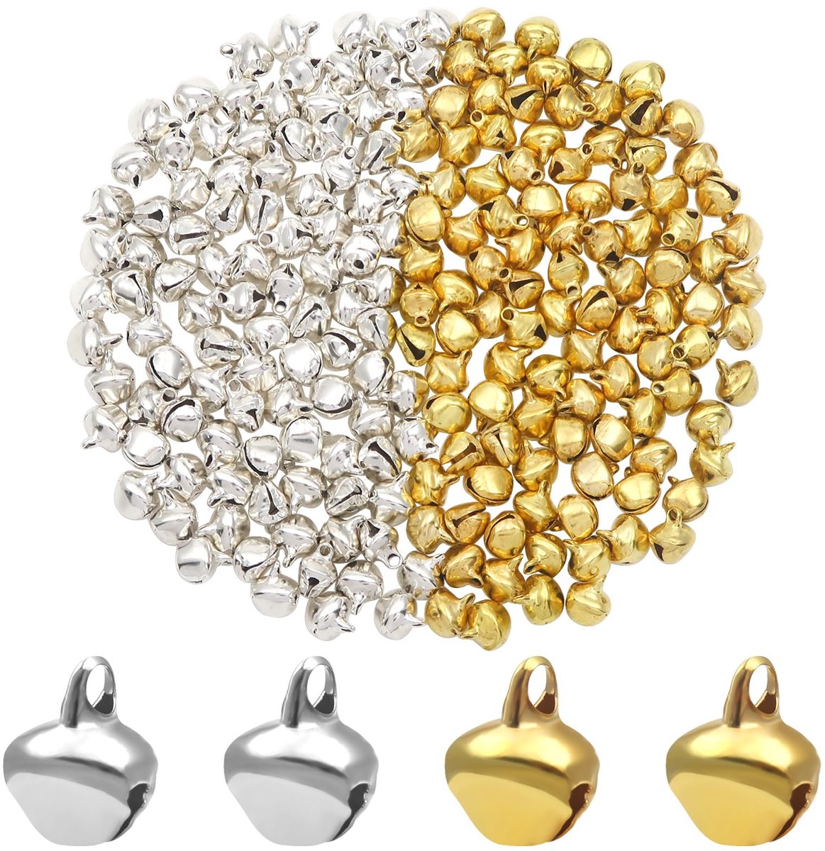 Belletjes van metaal, kleine bellen, Jingle Bells, 8 mm, goud en zilver, voor knutselen, sieraden, decoratie voor kerstfeest, binnen, rammelaar