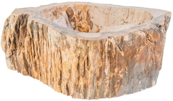 Rechthoekige fossiele hout waskom met ruwe, verticale houtstructuur aan de buitenkant en een gepolijste, onregelmatige kom in crèmekleurige tinten.