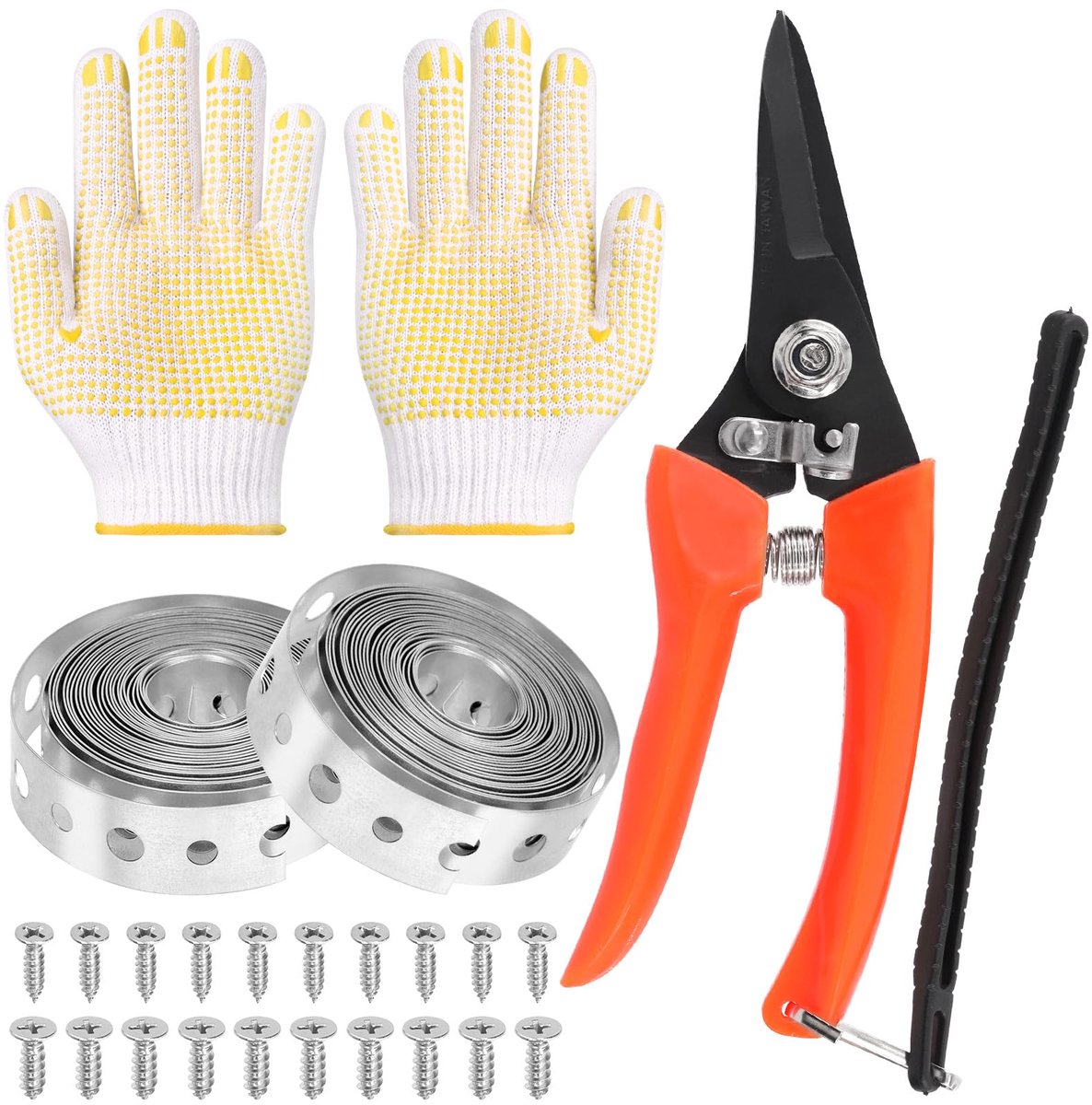 54 stks 11/16 "x 10Feet Gegalvaniseerde Metalen Pijpband met Gaten, Pijp Ondersteuning Metalen Strapping, Pijp Hanger Riemen met 50 stks M4.2 M5 schroeven, 1 stks Trimmen Schaar en Handsch