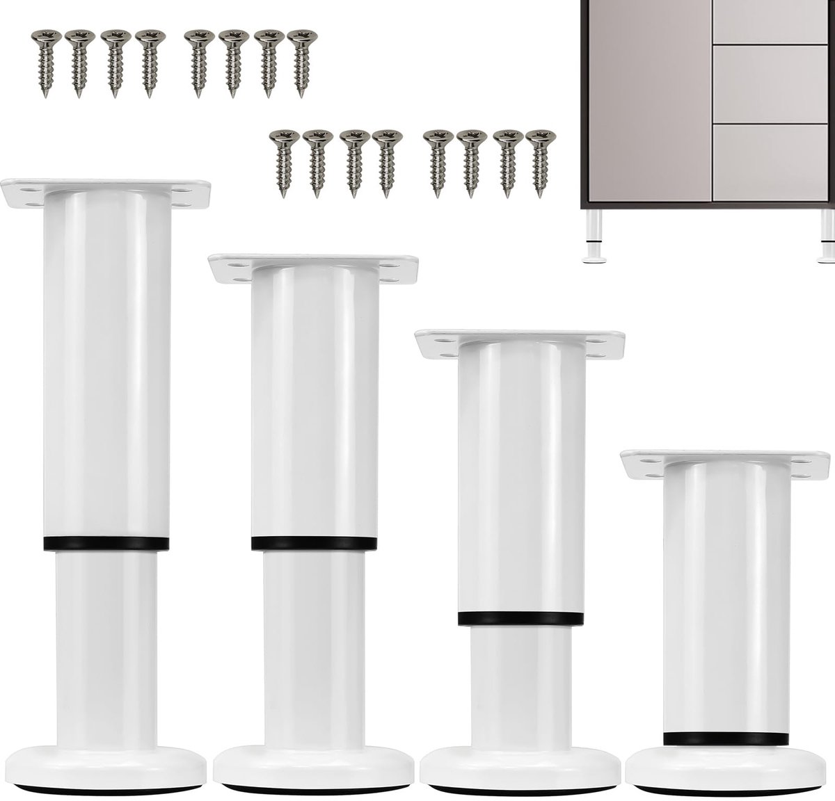 4 stuks meubelpoten, in hoogte verstelbaar, metaal, wit, verstelbaar, 12-18 cm, in hoogte verstelbare meubelpoten, bedpoten, verstelbare steunpoten voor meubels, poten voor kast of bed