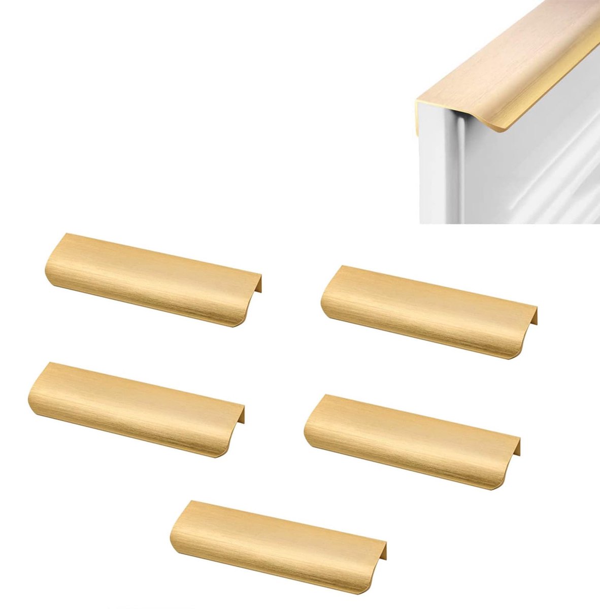 ladegreep, 5 stuks, aluminium, 150 mm, keukengrepen, verborgen, gebogen deurgreep, met 10 schroeven, voor laden, schoenenkasten, kasten, nachtkastjes, goud