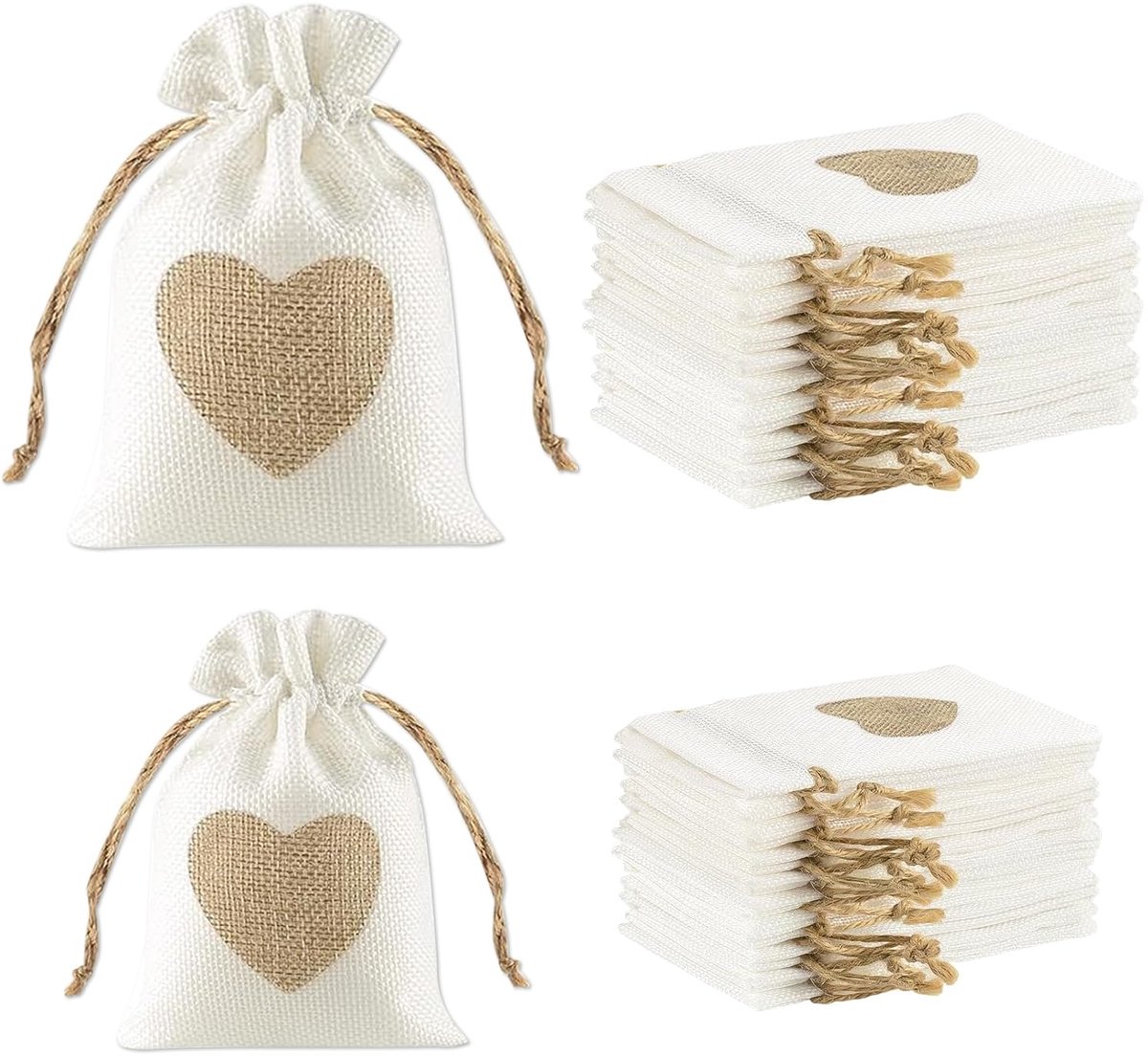 Jute Zakjes Met Hart - Klein, Herbruikbaar, 2 Maten Met Trekkoord - 20 Stuks Cadeauzakjes Voor Verjaardag, Bruiloft, Kinderfeest