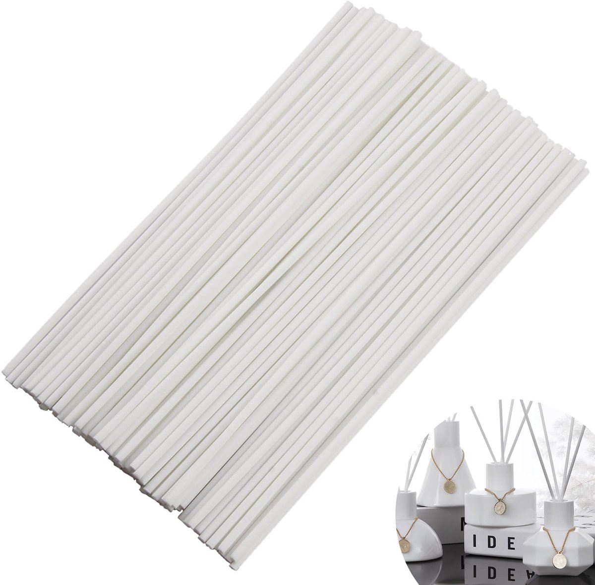 100 stuks vezelstaafjes, diffuserstokken, etherische olie, aromadiffuserstokken, 20 cm x 3 mm, milieuvriendelijk, wit, voor kamergeur en woondecoratie