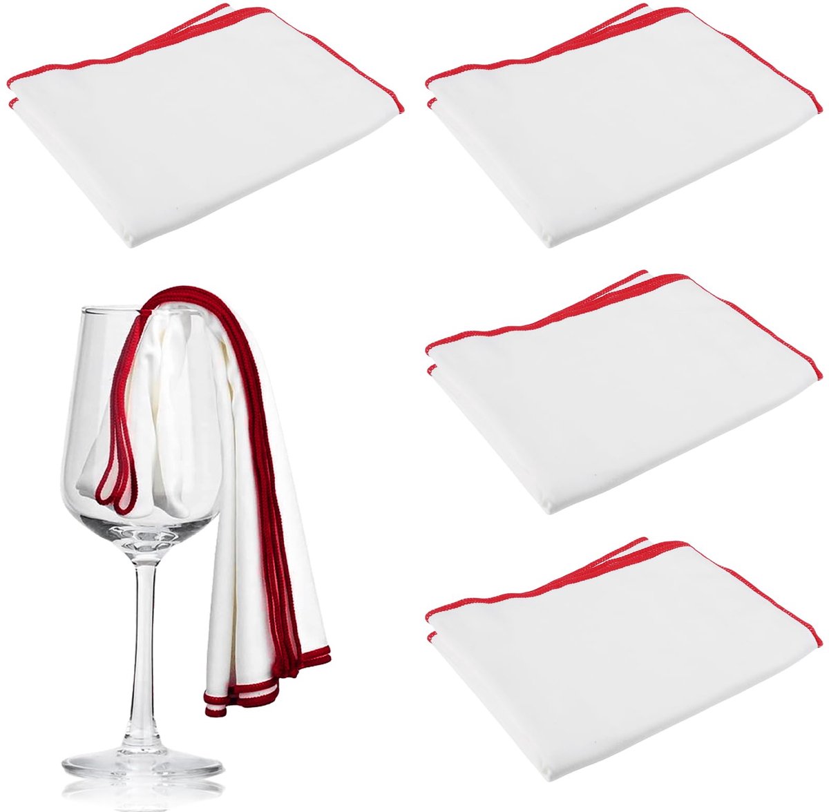 45 x 60 cm, grote microvezel polijstdoek voor glas, herbruikbare wijnglas, microvezel, glasdoek, streepvrij, witte wijnglazen, doeken met rode rand, 4 stuks