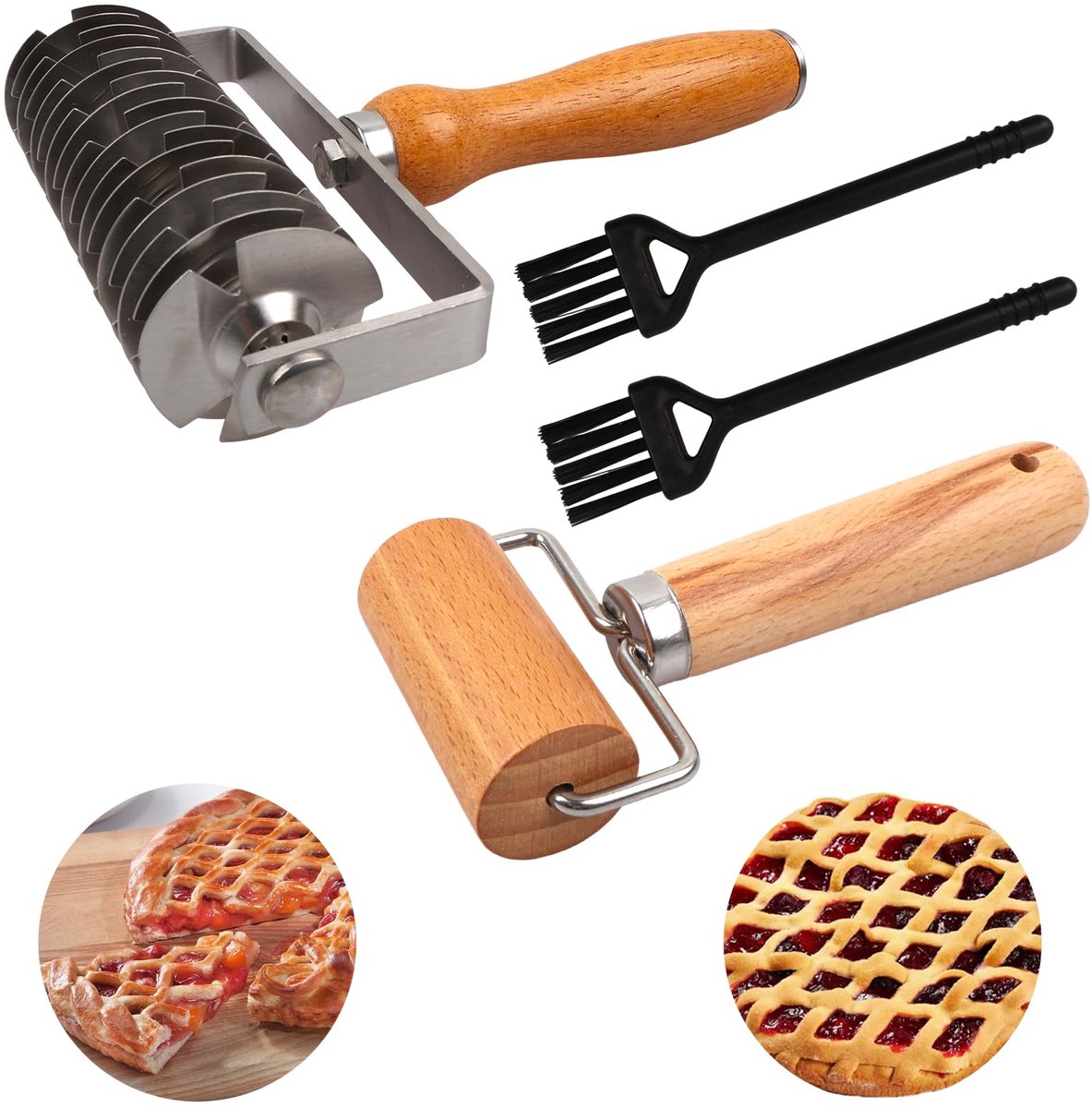 Deegroller, rolmes, deegroller, rooster, roestvrij staal, houten handvat, set latice cutter voor brood, cake, pizza, met reiniger