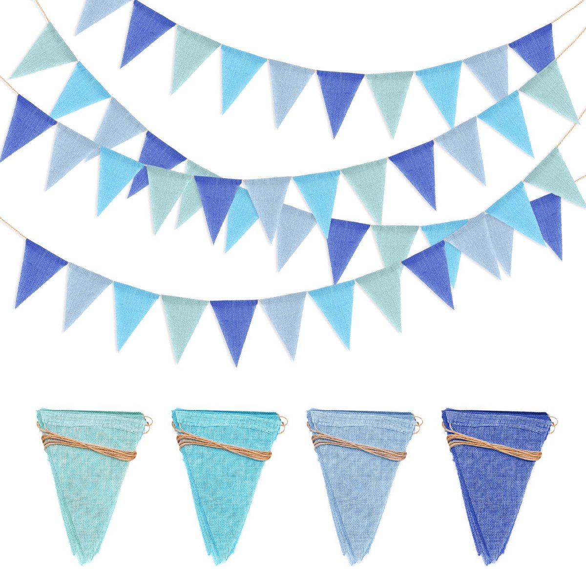Driehoekig, 4 stuks, jute vlaggetjes, 48 stuks, linnen vlaggetjes, vintage decoratie voor bruiloft, doop, verjaardagsfeest (blauw)