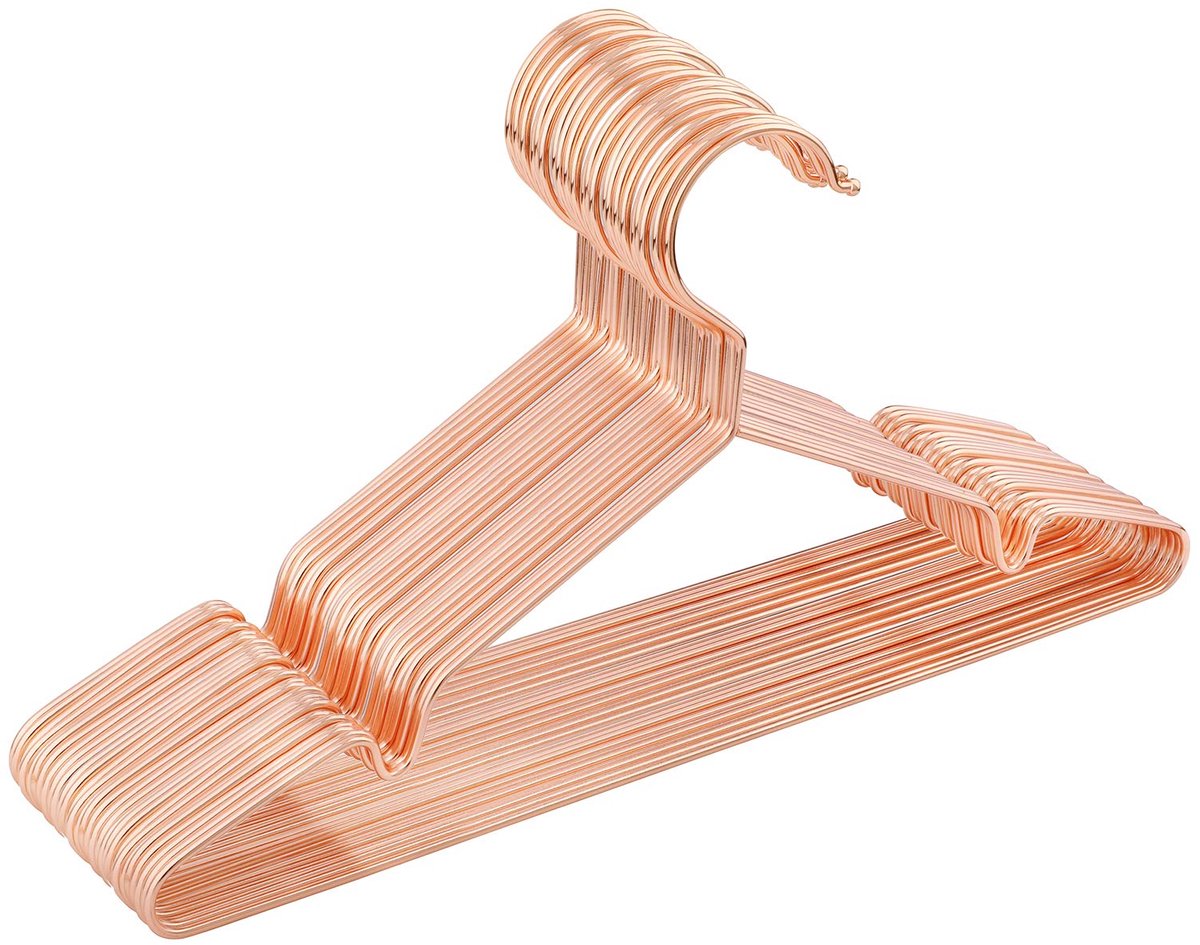CRI45R-20 Kleerhangers voor kinderen, roségoud, metaal, 35 cm, stabiele beugel van metaaldraad, voor babykleding, kledingkast, ruimtebesparend, met inkeping eraf, 20 stuks