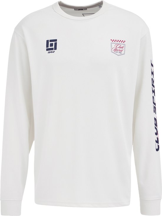 Wit t-shirt met lange mouwen, met een kleine opdruk links op de borst en een grotere opdruk op de mouw.