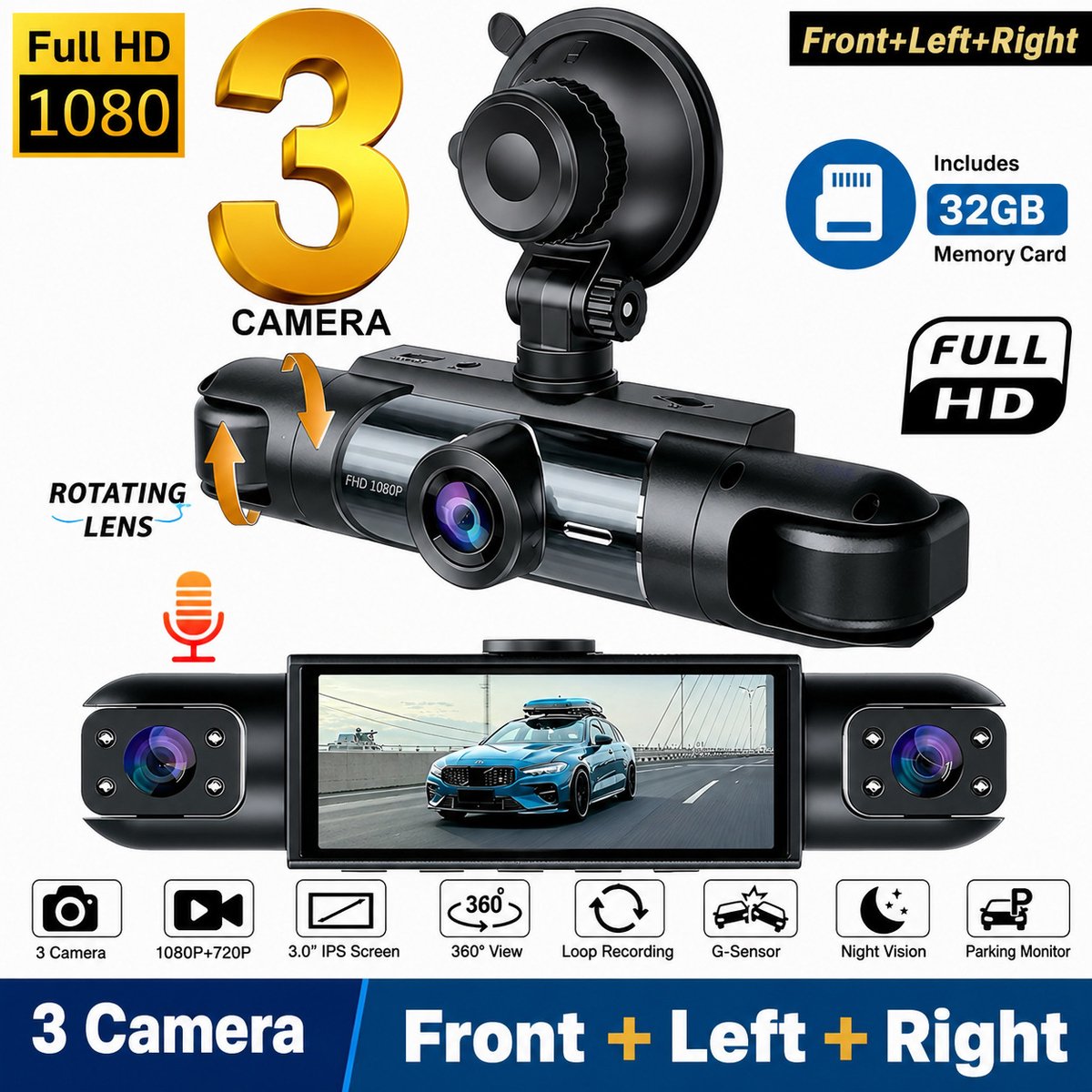 3-Camera Dashcam – 1080P Full HD Voorcamera & 720P Zijcamera's – 360° Opname met Nachtzicht en 3 Inch IPS-scherm – Inclusief 32GB memory kaart