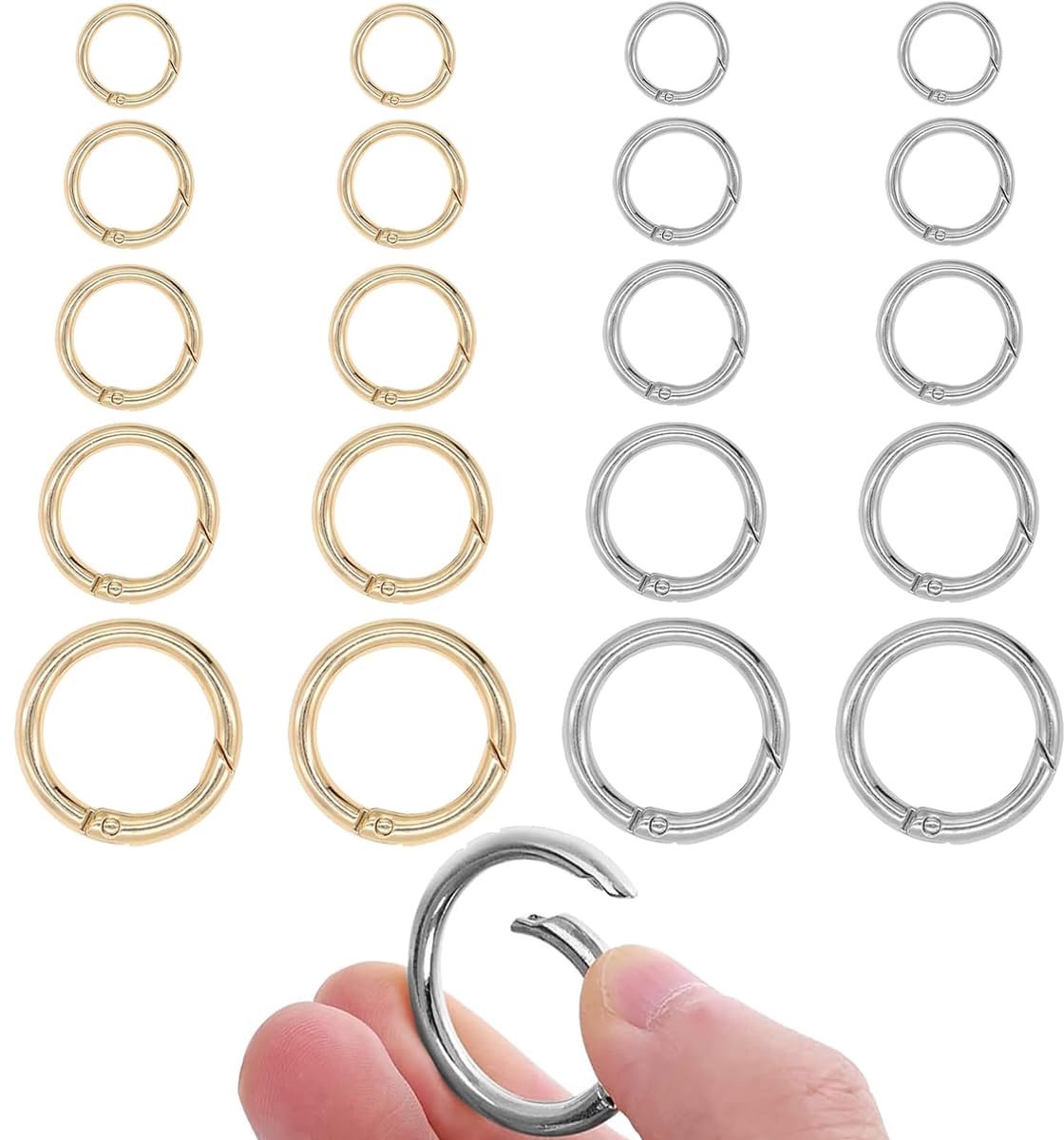 20 stuks karabijnhaken ronde set 11/13/17/20/25 mm met veer O-ringen - goud zilver veersplitringen voor sleutels, rugzakhangers, portemonnees, handtas en doe-het-zelf handwerk