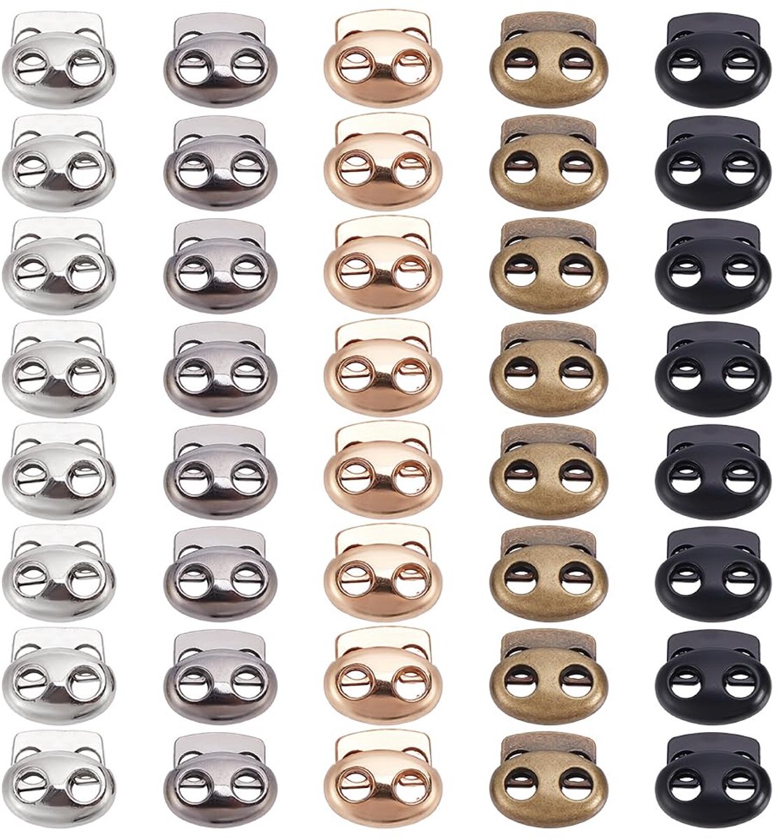 40 Stuks 4mm Gat Lente Koord Sloten 5 Kleuren 2 Gaten Schakelt Metalen Einden Stopper Lente Koord Vergrendeling Clips voor Trekkoord Broek Joggingbroek Rugzak Tent Touw Touw Spanner DIY