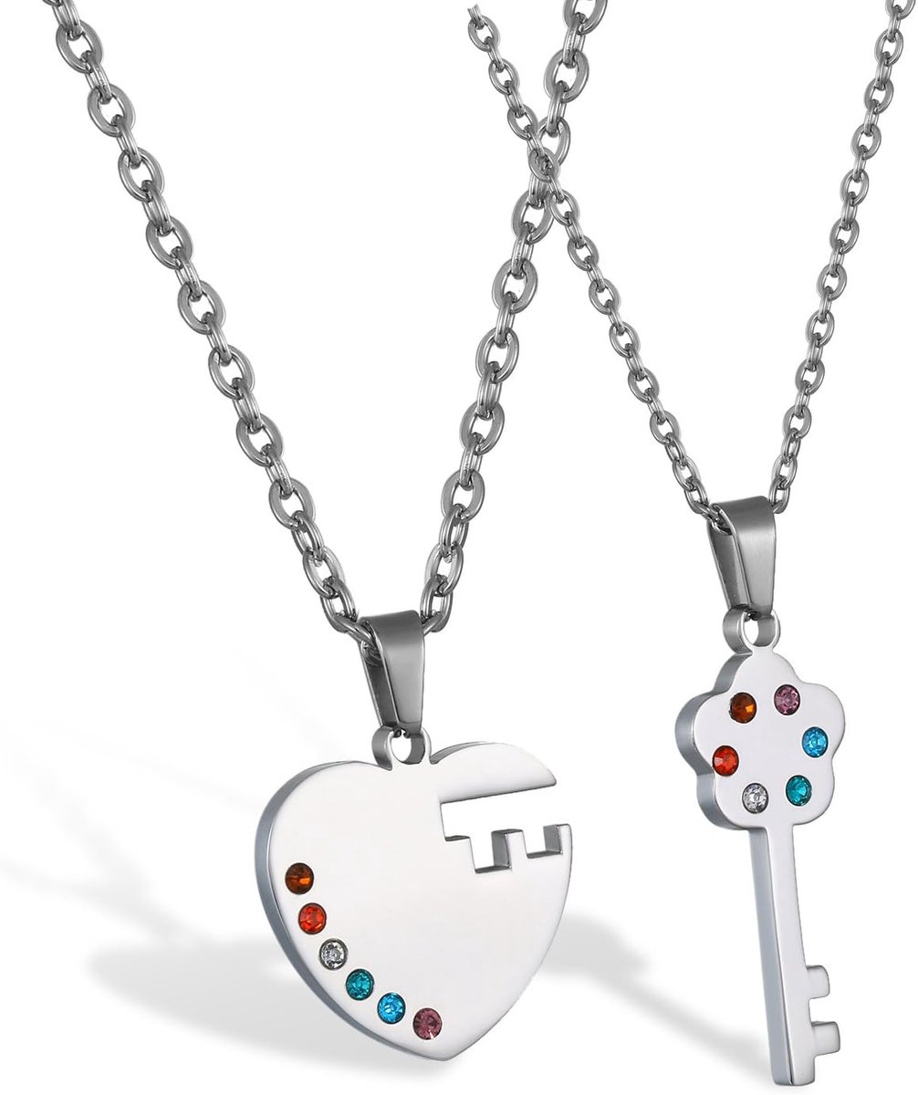 Sieradenset van 2 stuks, partnerkettingen, vriendschapskettingen, partnerhangers, roestvrij staal, I Love You, puzzel hanger, ketting met gratis gravure, Bergkristal, zonder steen